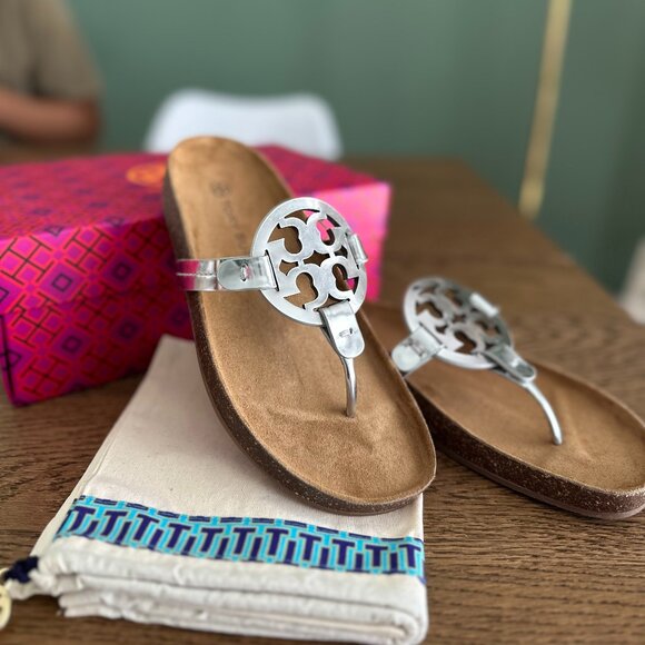 NWT! NEW! Tory Burch Miller Cloud Sandals Mirror -Silver/Natural US 7 - Picture 1 of 6